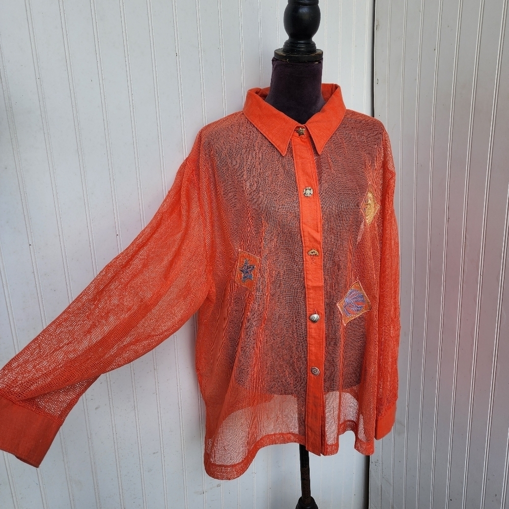 VTG Popovitch Womens Button Front Shirt Orange Linen Belnd Mesh Relaxed Plus 2X - Picture 5 of 13